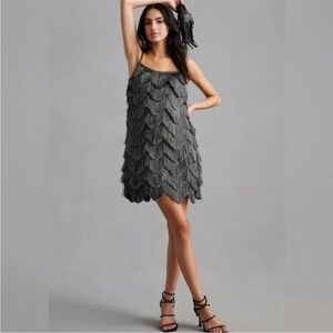 Anthropologie Pankaj‎ & Nidhi Fringed Mini Dress Gray Large